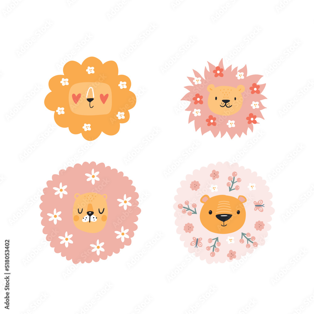 Cute lions with floral. Modern vector illustration Cute lions with floral. Modern vector illustration