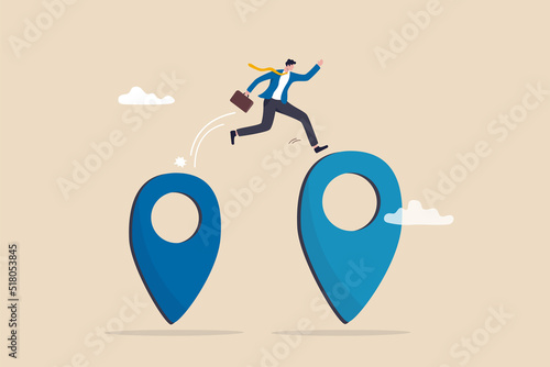 Business relocation, move office to new address or transfer to new location concept, businessman company owner jumping from map navigation pin to new one metaphor of relocation. photo