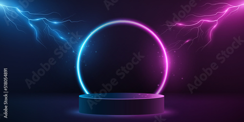 Neon scene with realistic lightning effect and glowing frame. 3D podium to display your brand. Pedestal for your mockup. Abstract background for banner. Vector illustration