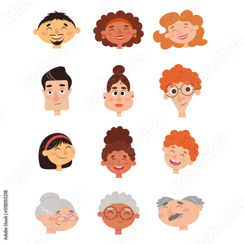 Human faces of different nationalities in cartoon style isolated on white background. Vector bundle of different people avatars. Male, female and kids characters faces.