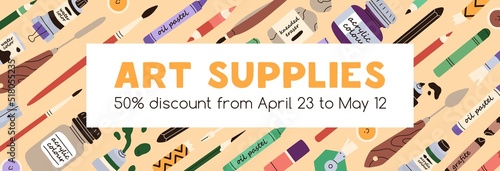 Ad banner template for art supplies shop, school stationery store. Advertisement promotion background design of sale market, discount on creative tools, accessories. Flat vector illustration