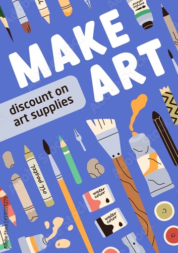 Ad poster design for art supplies store, stationery shop, drawing tools market. Promo flyer background template of sale, discount on creative painting accessories. Flat vector illustration
