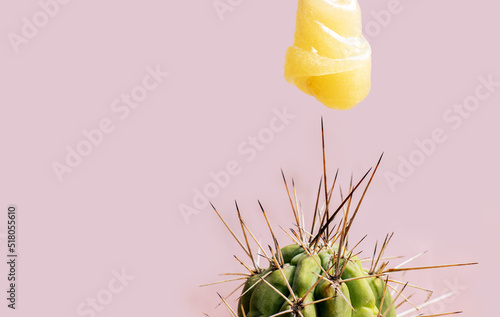 pasta for sugaring flowing on cactus with big thorns,spikes,needles.spatula with sugar paste over a cactus plant isolated on light background,mockup,depilation,waxing,hair removal,beauty salon concept photo