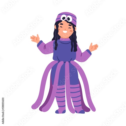 Cute girl kid disguised in carnival costume of funny spooky spider for Hallow...