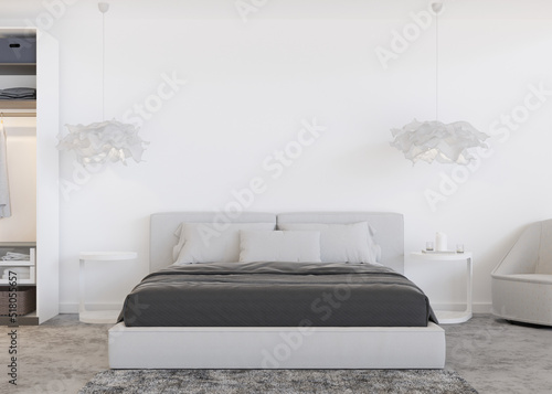 Empty white wall in modern and cozy bedroom. Mock up interior in contemporary style. Free, copy space for your picture, text, or another design. Bed, lamps. 3D rendering.