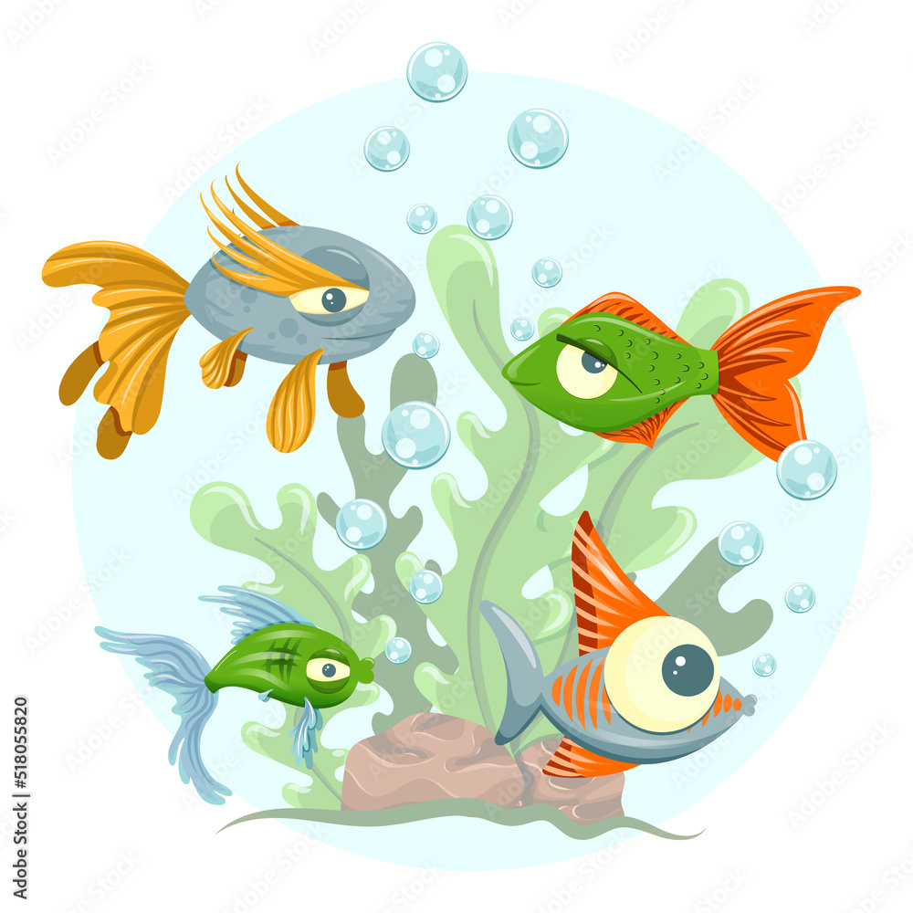 Underwater illustration with fish and seaweed. Isolated on white background.