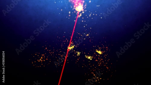Work of Laser. Burning material. Sparks and product of combustion