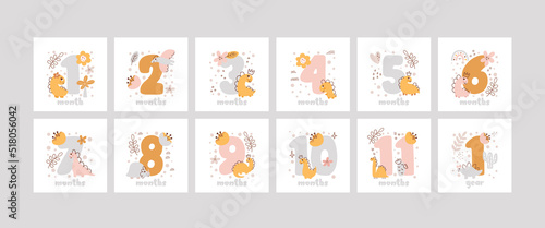 Set of baby milestone cards for newborn girl. Baby shower print with cute animal dino and flowers capturing all special moments
