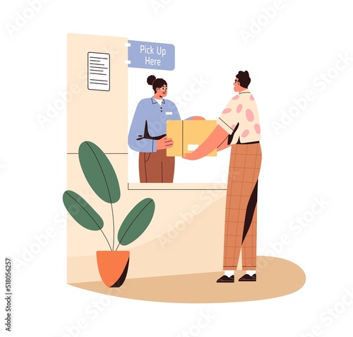 Customer receiving parcel at pick-up point of post office. Client with goods order in box at counter desk at self-delivery service. Flat graphic vector illustration isolated on white background