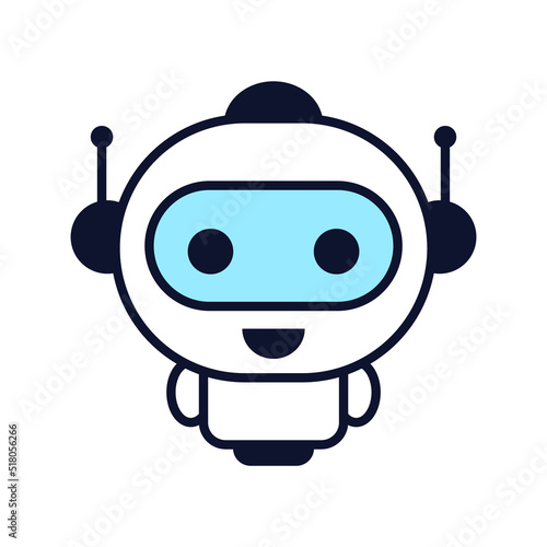 Cute little robot smiling.  Robotics and technology. Kawaii robot. Engineering and artificial intelligence AI. Humanoid cartoon robot with outline. Industry 4.0. Vector illustration, flat, clip art. 