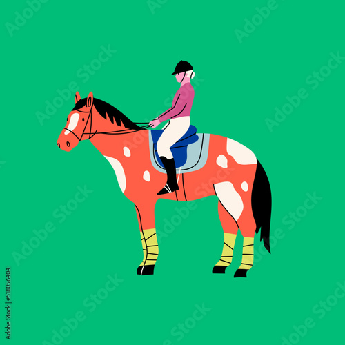 Jockey on racing Horse. Horseback riding, hippodrome racing, equestrian sport concept. Hand drawn colorful isolated Vector illustration. Cartoon style, flat design. Logo, poster, icon design template