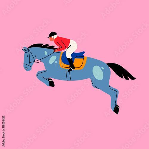 Jockey on racing Horse. Horseback riding, hippodrome racing, equestrian sport concept. Hand drawn colorful isolated Vector illustration. Cartoon style, flat design. Logo, poster, icon design template