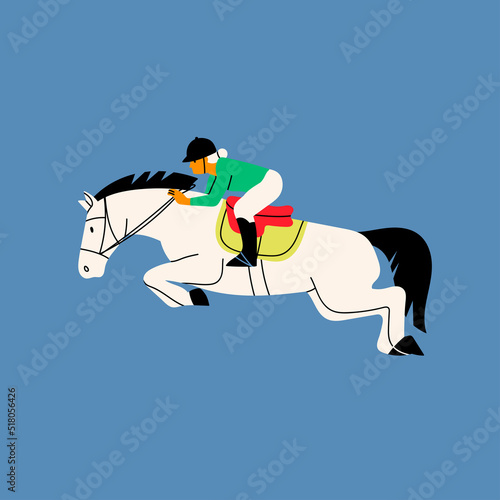 Jockey on racing Horse. Horseback riding, hippodrome racing, equestrian sport concept. Hand drawn colorful isolated Vector illustration. Cartoon style, flat design. Logo, poster, icon design template