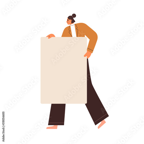 Blank placard mockup in hands. Woman walking, holding empty paper board mock up. Office worker carrying presentation sheet, card. Flat graphic vector illustration isolated on white background