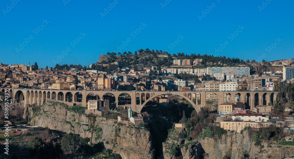 Aerial View to the Sidi Rached Viaduct, that crosses Rhummel gorges and connects to Constantine city center, Algeria