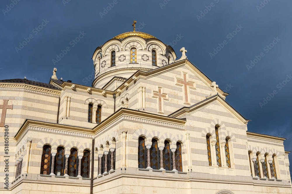 Chersonesus Cathedral (Saint Vladimir Cathedral). View of a large stone Orthodox church on the territory of the ancient city of Chersonesus. Landmark of the Crimean peninsula. Sevastopol, Crimea. Chersonesus Cathedral (Saint Vladimir Cathedral). View of a large stone Orthodox church on the territory of the ancient city of Chersonesus. Landmark of the Crimean peninsula. Sevastopol, Crimea.
