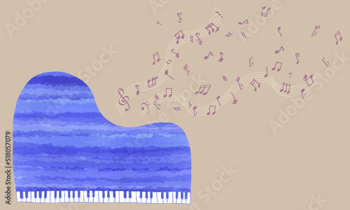 水彩風の青いグランドピアノと流れる音符
Colorful hand drawn blue grand piano and some notes