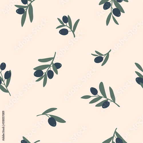 Vector seamless pattern with ripe black olives on pink background. Flat illustration for olive oil, natural cosmetics. Design for textile, wallpaper, wrapping, backdrop.