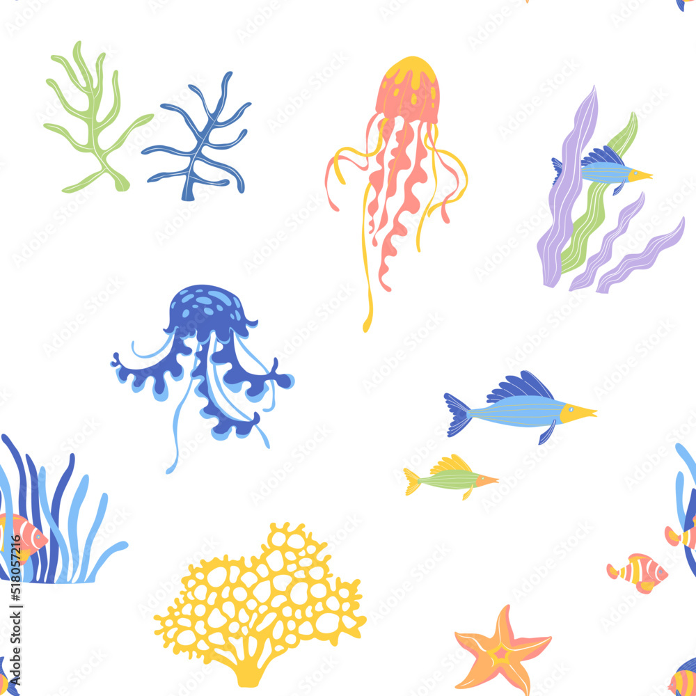 Marine Life flat vector seamless pattern background. Underwater animals wildlife