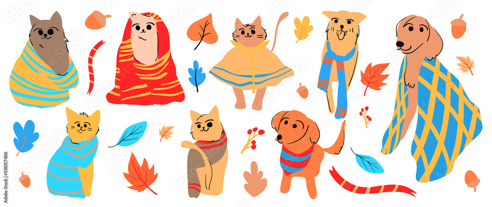 Set of cute animal vector. Autumn season with cat, dog, friendly pets, clothing in fall season in doodle pattern. Adorable funny animal and characters hand drawn collection on white background. Set of cute animal vector. Autumn season with cat, dog, friendly pets, clothing in fall season in doodle pattern. Adorable funny animal and characters hand drawn collection on white background.