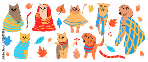 Set of cute animal vector. Autumn season with cat  dog  friendly pets  clothing in fall season in doodle pattern. Adorable funny animal and characters hand drawn collection on white background.