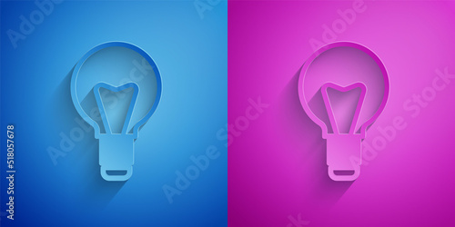 Paper cut Light bulb with concept of idea icon isolated on blue and purple background. Energy and idea symbol. Inspiration concept. Paper art style. Vector