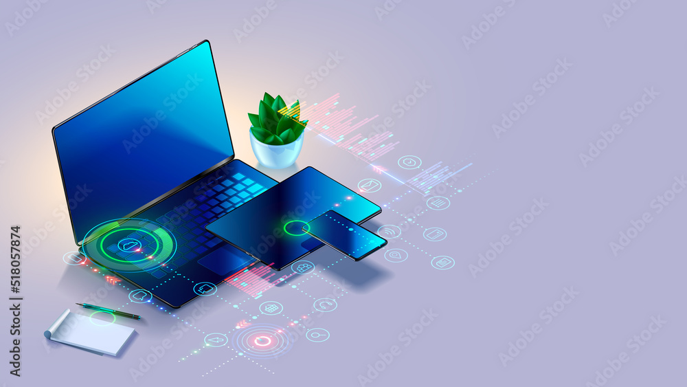 Laptop, tablet, phone on table in isometric. Tech icons of computer ...