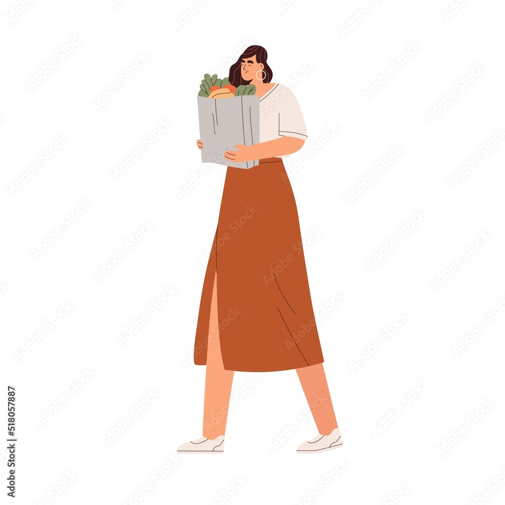 Young woman walking, carrying paper shopping bag with groceries. Girl buyer holding package full of vegetables, greens, food products. Flat graphic vector illustration isolated on white background Young woman walking, carrying paper shopping bag with groceries. Girl buyer holding package full of vegetables, greens, food products. Flat graphic vector illustration isolated on white background