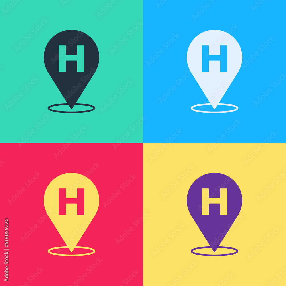 Pop art Medical map pointer with cross hospital icon isolated on color background. Vector Pop art Medical map pointer with cross hospital icon isolated on color background. Vector