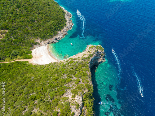 Aerial view of Dimitri Eliodoro beach, on the island of Corfu. Greece. Close the unique double beach of Limni. Kerkyra
 photo