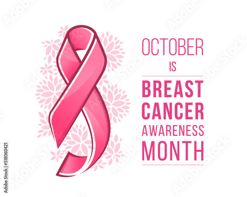 October is Breast cancer awareness month text and pink ribbon sign on abstract flower texture background vector design