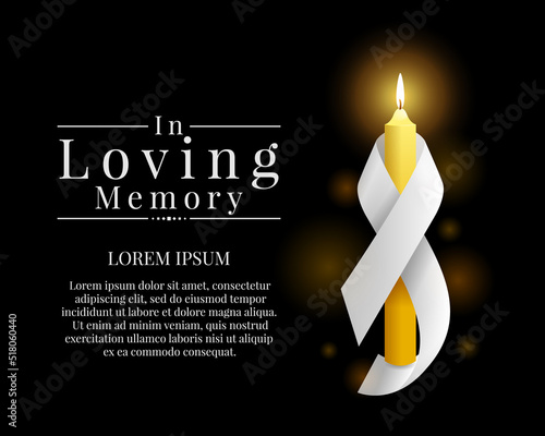 In loving memory text and candle light with white ribbon roll around on black background vector design