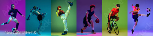Sport collage of professional athletes on gradient multicolored neoned background. Concept of motion, action, active lifestyle, achievements, challenges