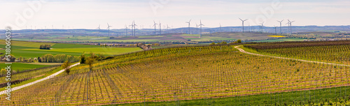 Panorama einer Kulturlandschaft mit Weinbergen und Windrädern in Deutschland © reisezielinfo