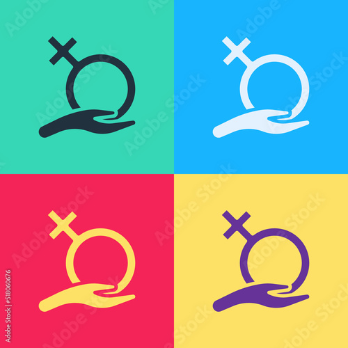 Pop art Female gender symbol icon isolated on color background. Venus symbol. The symbol for a female organism or woman. Vector