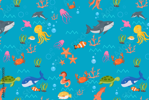  Fish and wild marine animals  pattern. Seamless background with cute marine fishes, smiling shark characters and sea underwater world vector nautical wallpaper © Background_GG
