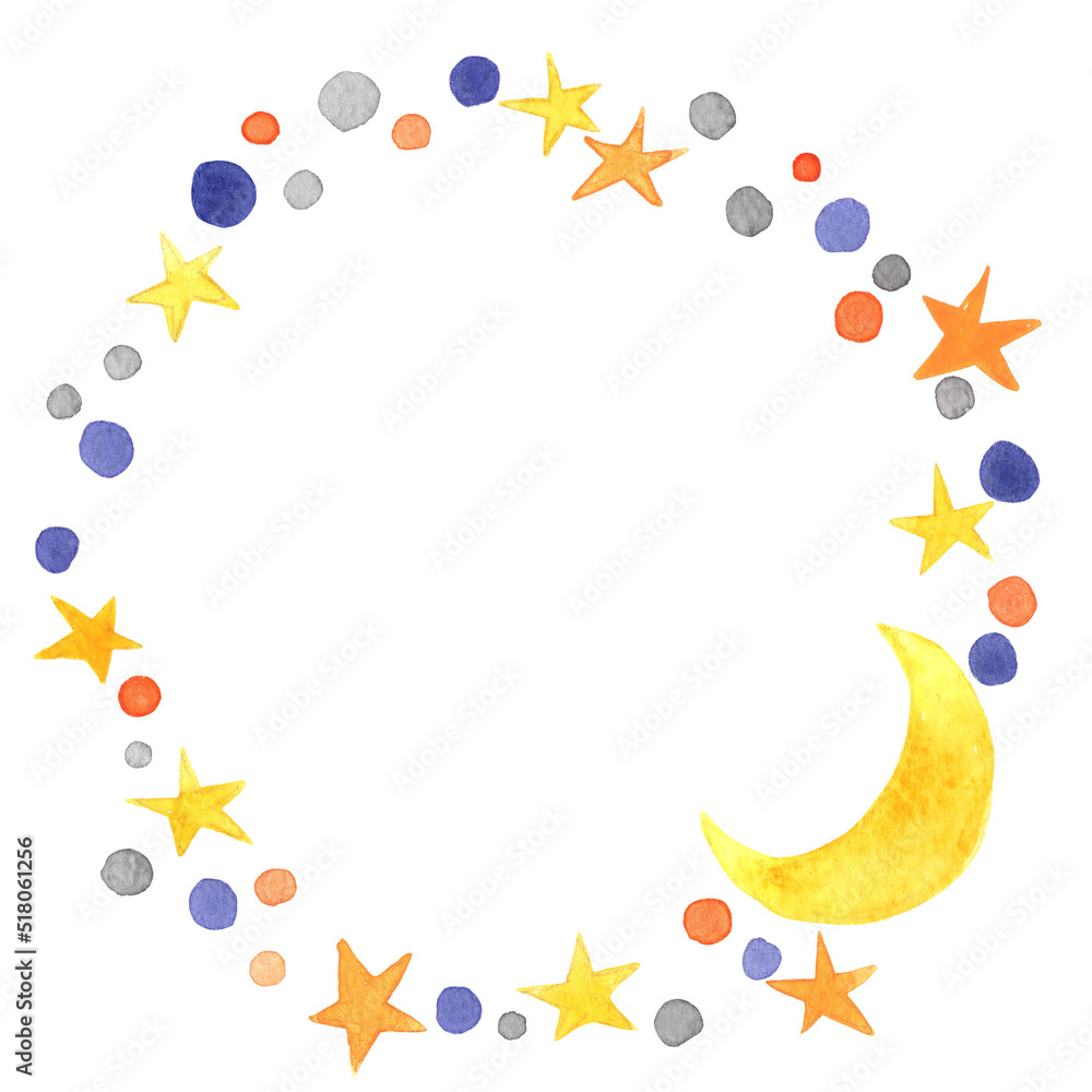 Moon and star in Halloween night wreath watercolor for decoration on Halloween night party. Moon and star in Halloween night wreath watercolor for decoration on Halloween night party.