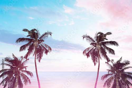 Silhouette tropical palm tree on sunset sky with background and bokeh light. Summer vacation and nature travel adventure concept.