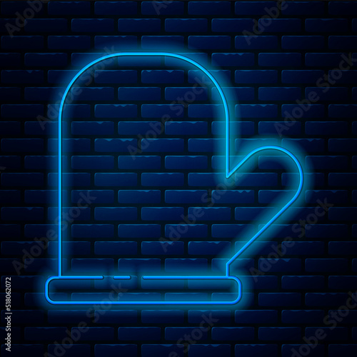 Glowing neon line Oven glove icon isolated on brick wall background. Kitchen potholder sign. Cooking glove. Vector