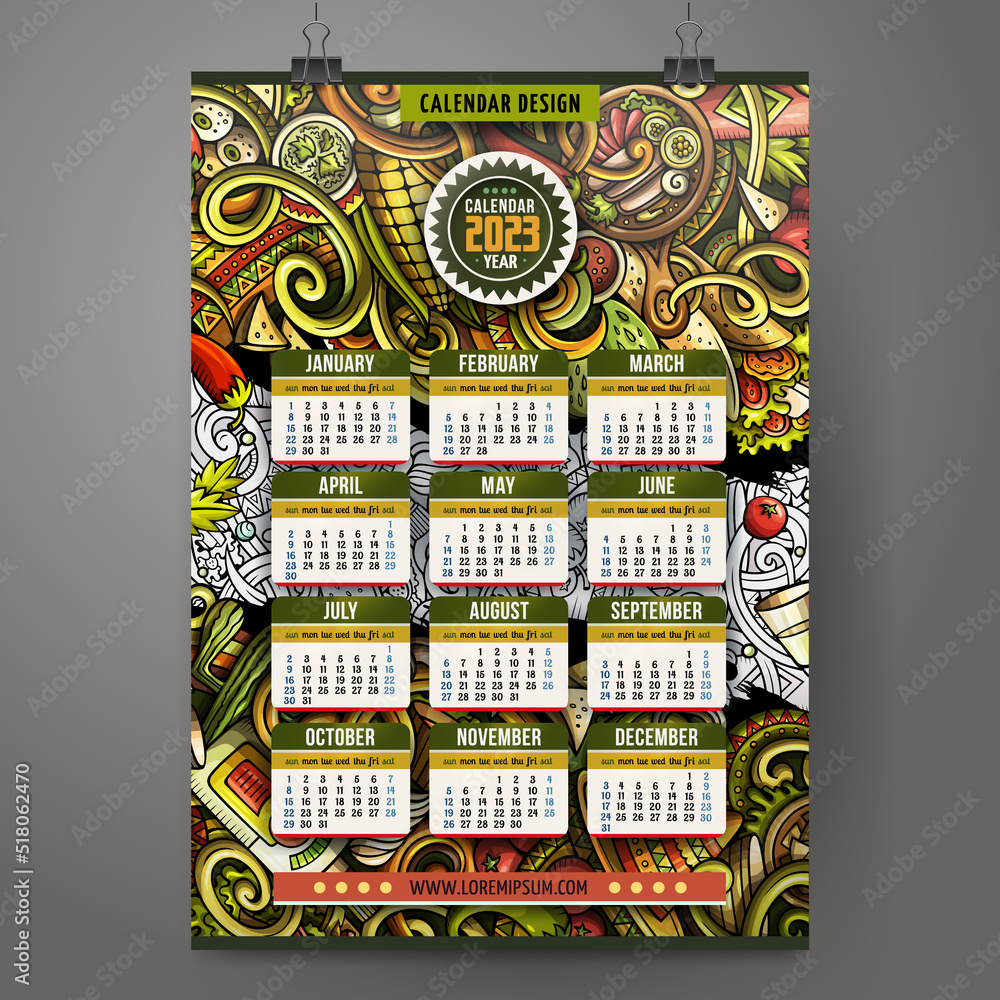 cartoon-colorful-doodles-mexican-food-2023-year-calendar-stock-vector