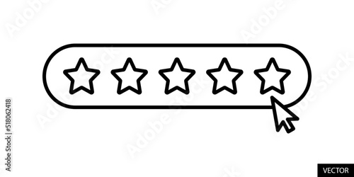 Five star rating, Rate us five stars, Feedback concept, vector icon in line style design for website design, app, UI, isolated on white background. Editable stroke. Vector illustration.