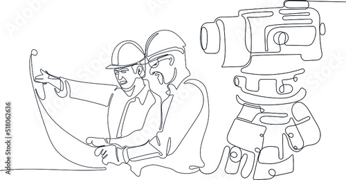 Close up of young Caucasian worker with helmet on head using tablet for work while standing in warehouse. Vector illustration