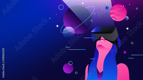 Examining Space in Metaverse. Girl in Virtual Reality Goggles Illustration. Vector illustration