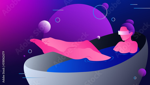 Taking Bath in Metaverse. Woman Relaxing in Bath Tube in Virtual Reality. Vector illustration