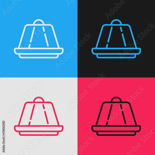 Pop art line Pudding custard with caramel glaze icon isolated on color background. Vector