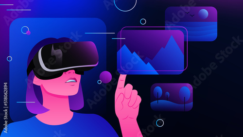 Woman Choosing Pictures in Metaverse. Graphic Virtual Reality Illustration. Vector illustration