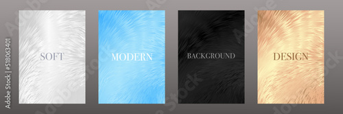 Abstract soft fur pattern set in blue, silver, gold, black color. Creative trendy cover background with pastel line design. Fashion vector collection for winter catalog, invitation, brochure, magazine