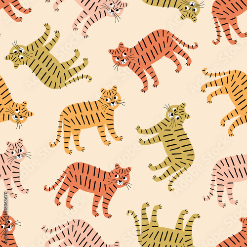 Funny angry tigers hand drawn vector illustration. Cute wild cat animal seamless pattern for kids fabric or wallpaper.