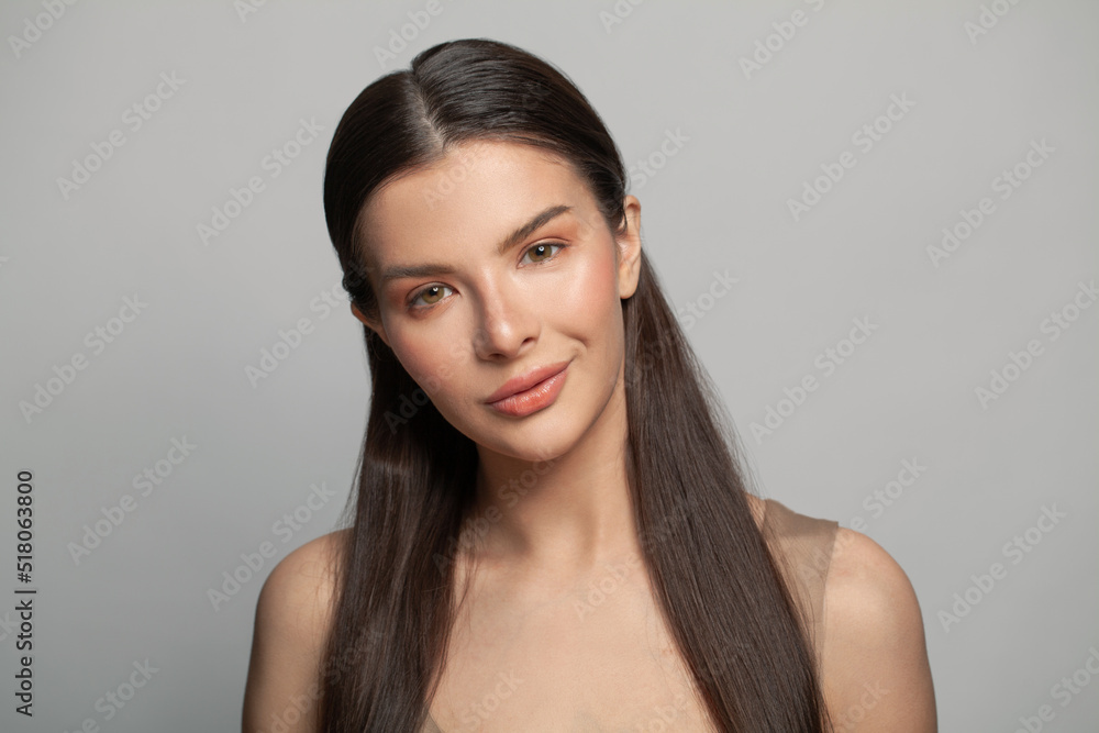Fototapeta premium Portrait of natural beauty woman with clean healthy smooth skin on grey background, skincare concept