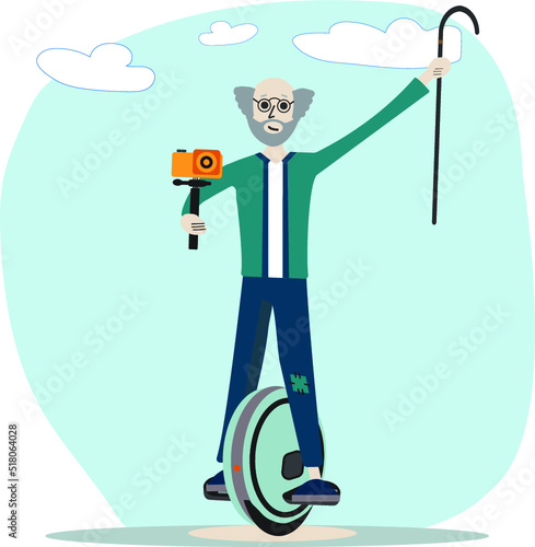 n old man rides an electric unicycle with an action camera in one hand and a cane in the other.  Active Old Age. Active weekends. Lifelong learning. Older people learning to ride modern transportation